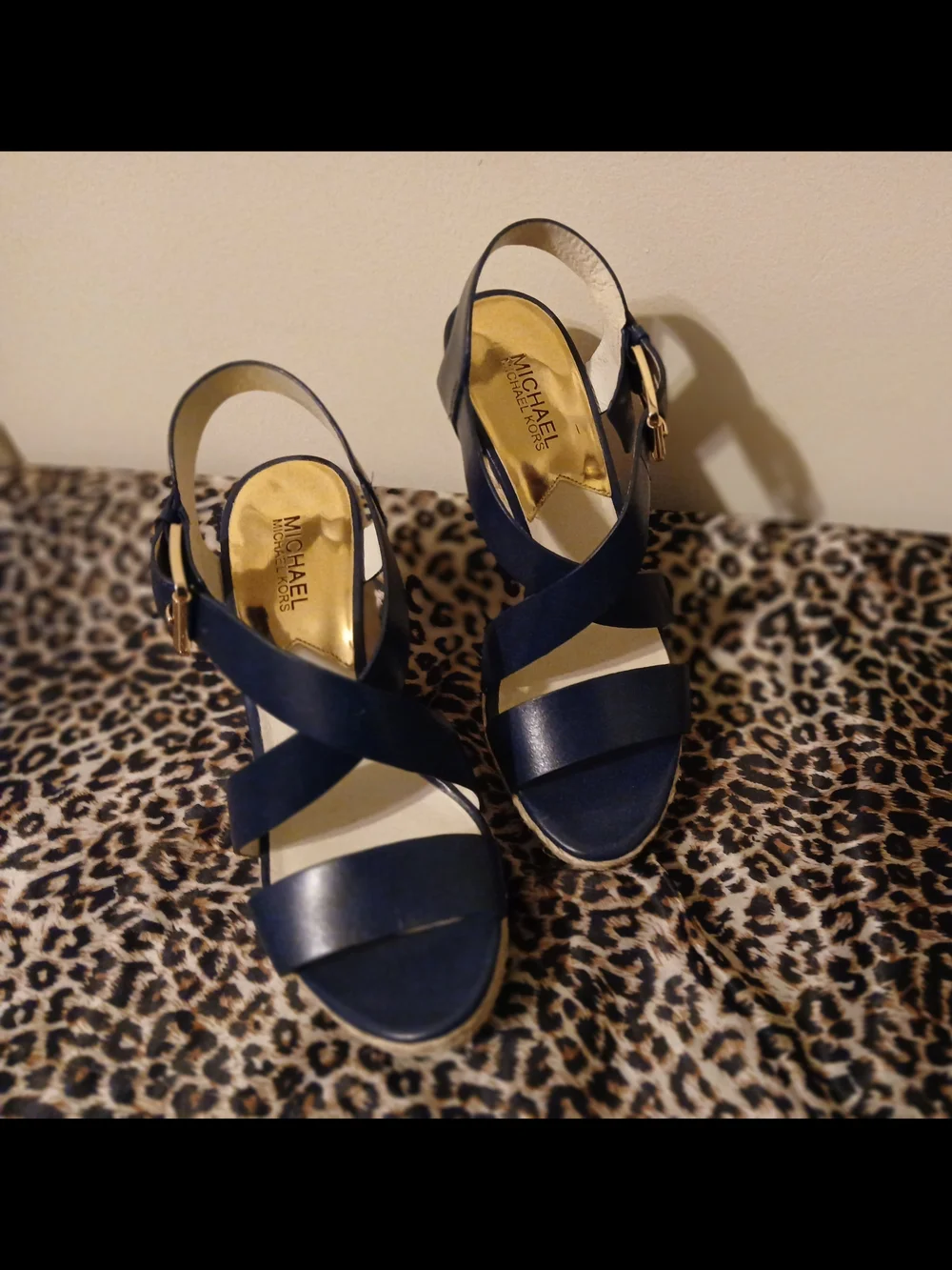 Michael Kors Navy Leather Wedge Sandals with Espadrille Sole